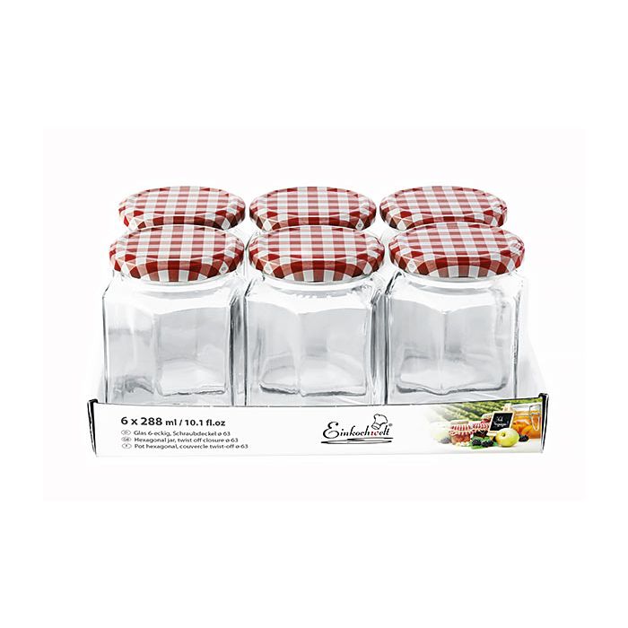 Jampot zeshoekig 288 ml - deksel rood/wit Ø63 (6 stuks) 