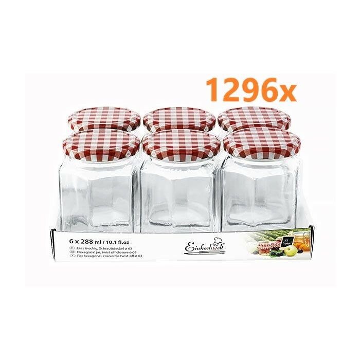 Jampot zeshoekig 288 ml - deksel rood/wit Ø63 (6 stuks x 216 sets) 