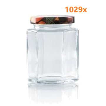 Jampot zeshoekig 191ml - deksel fruitmotief Ø58 mm (7 stuks x 147 sets) 