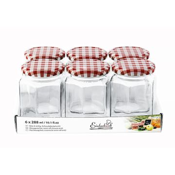 Jampot zeshoekig 288 ml - deksel rood/wit Ø63 (6 stuks) 