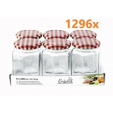Jampot zeshoekig 288 ml - deksel rood/wit Ø63 (6 stuks x 216 sets) 