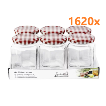 Jampot zeshoekig 191 ml - deksel rood/wit Ø58 (6 stuks x 270 sets) 