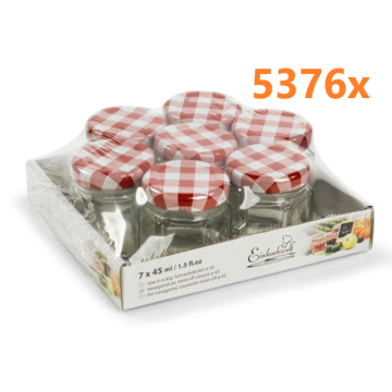 Jampot zeshoekig 45 ml - deksel rood/wit  Ø43 (7 stuks x 768 sets) 