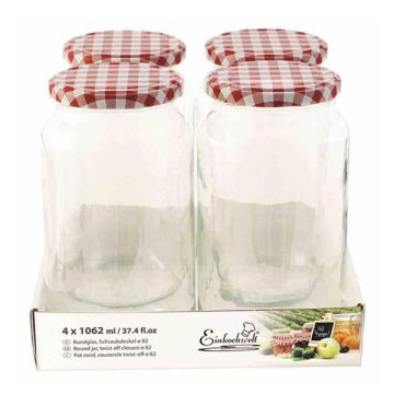Jampot rond 1062 ml - deksel rood/wit Ø82 (4 stuks) 