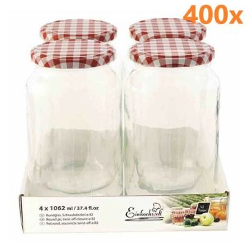 Jampot rond 1062 ml - deksel rood/wit Ø82 (4 stuks x 100 sets) 