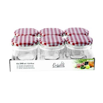Jampot rond 340 ml - deksel rood/wit Ø82 (6 stuks) 